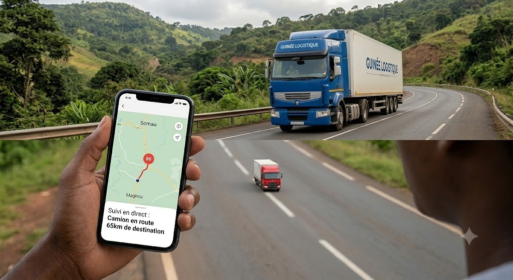 Camion sur une route avec une surimpression d'itinéraire GPS